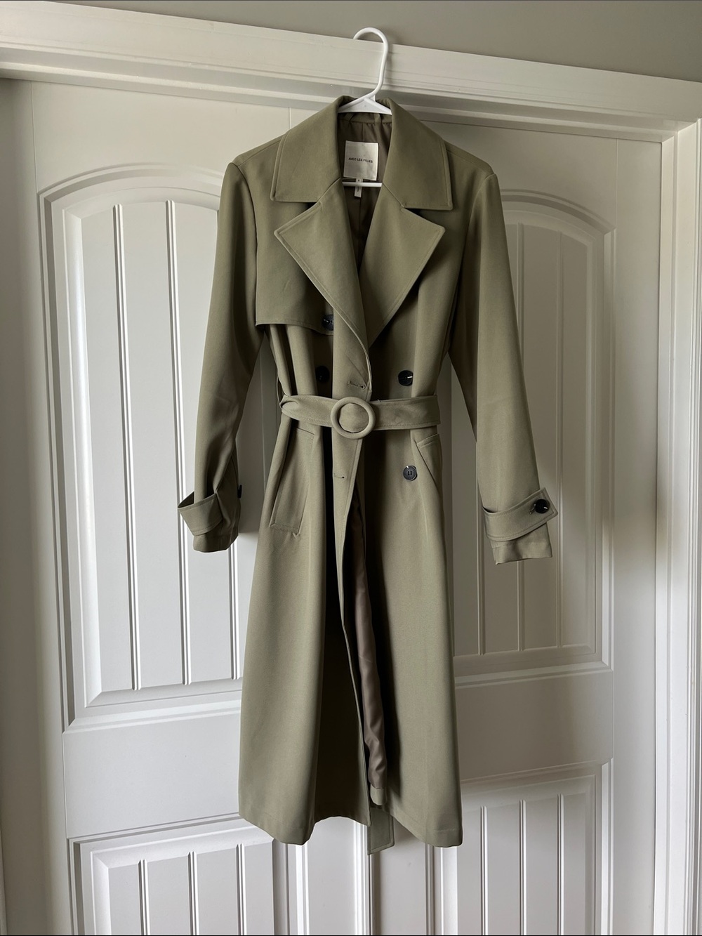 Avec Les Filles Olive Green Double-Breasted Trench Coat with Belt
